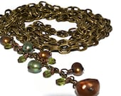 Long Layering Necklace, Brown And Green Pearls And Crystals, Nature Inspired, Earthy Boho Jewelry