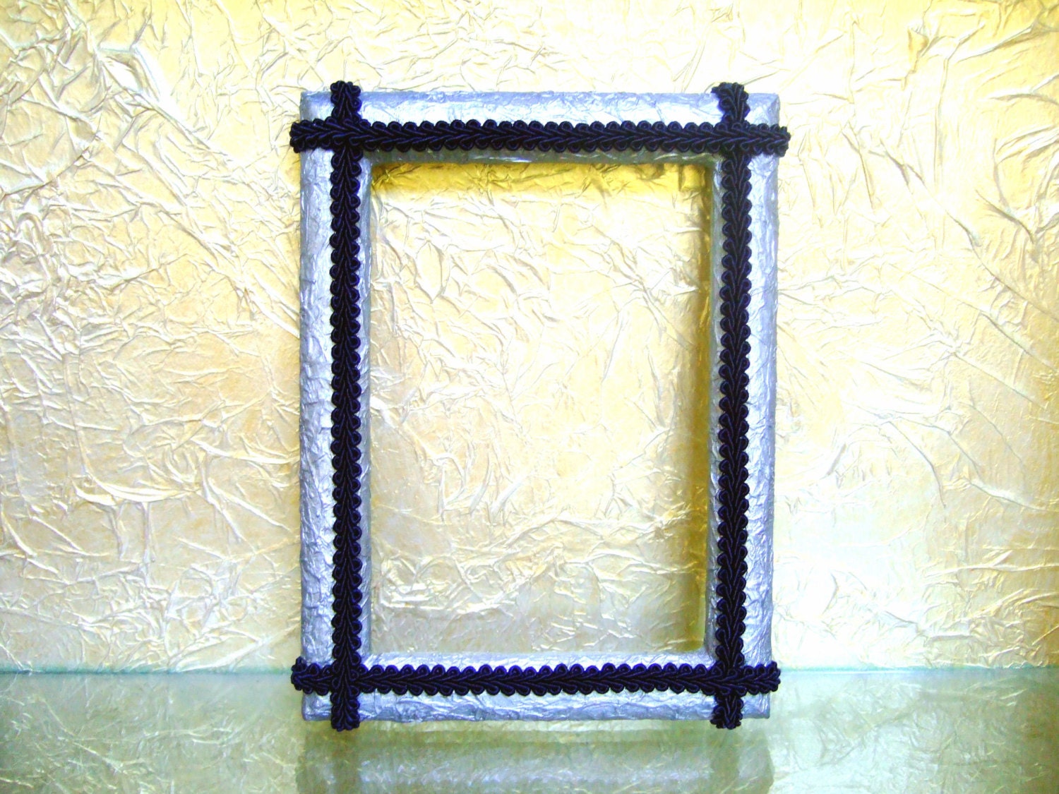 Metallic Silver Textured Picture Frame Trimmed With Navy Braided Trim, Holds a 5 x 7 Photo, Home or Office Decor