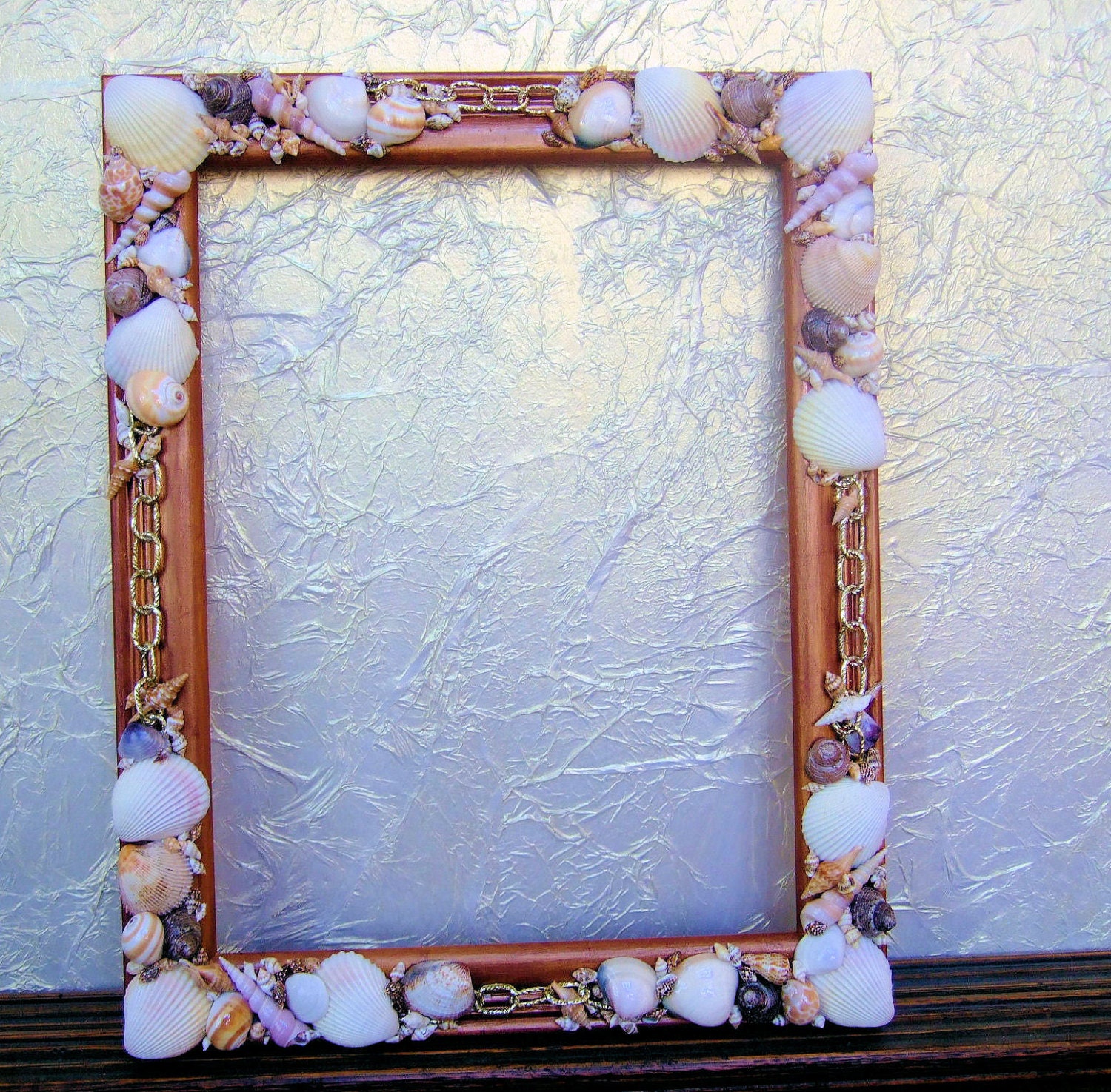 Hand Painted Metallic Bronze Wood Picture Frame Embellished With Sea Shells and Chain, Rustic, Beach Decor, Nautical Theme