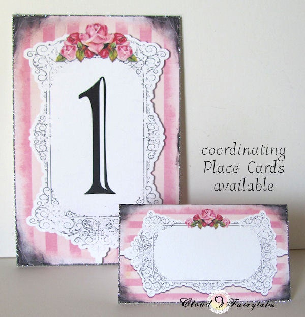 Pink Table Numbers Wedding Shabby Chic Roses Seating Chart Vintage Garden Wedding Silver or Gold Glitter
