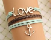 LOVE bracelet,retro silver love letters with anchor bracelet,brown braid leather bracelet,green rope---B223