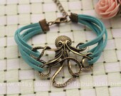 octopus bracelet,retro bronze octopus pendant,blue rope bracelet---B313