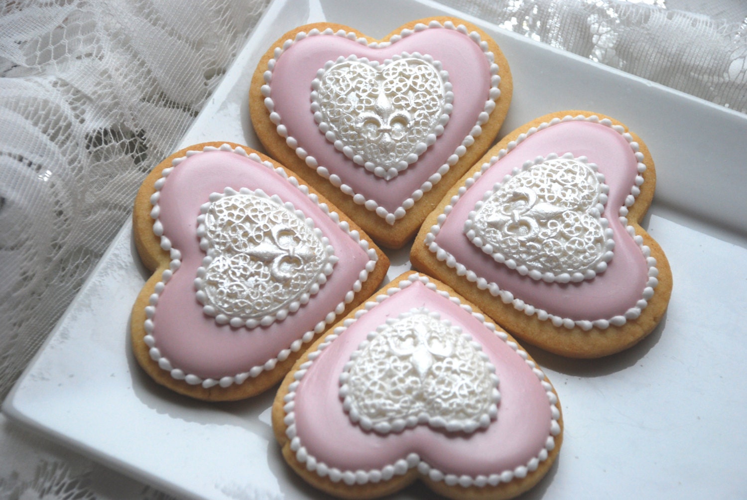 Elengant Pink Heart Pendant Cookies - One Dozen Decorated Sugar Cookies