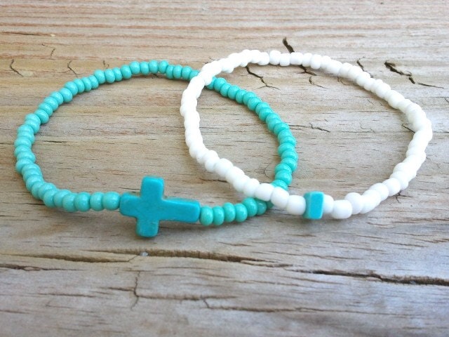 Turquoise cross and turquoise chip bracelet duo
