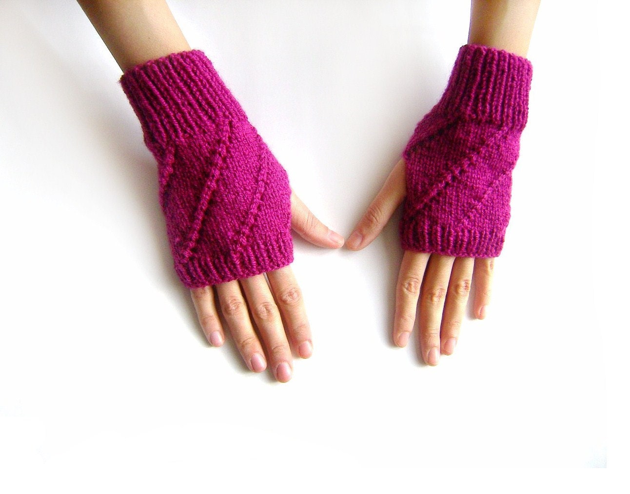 SUMMER SALE: 15% OFF - Hand Knit Fingerless Gloves in Magenta, Arm Warmers, Womens Seamless Knit Gloves, Winter Fashion