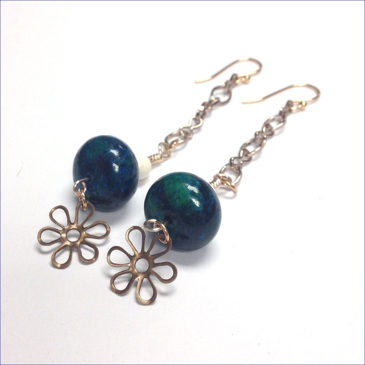 Jasper gemstone chain drop earrings, dyed blue green jasper stone dangle earrings, long earrings, flower charm, rose gold, spring earrings