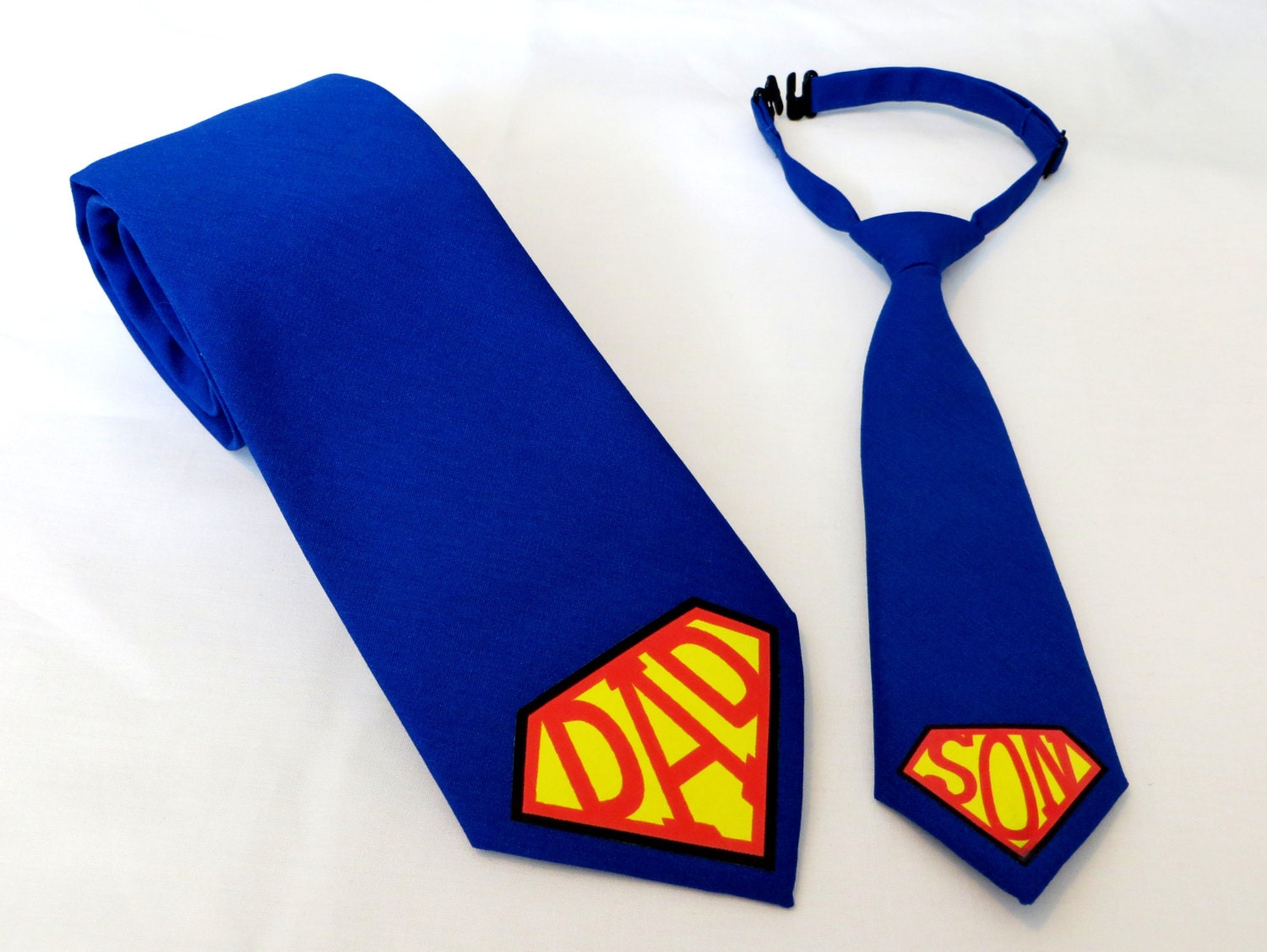 SUPER DAD and SON Neck Tie- Father, Boy, Child, Toddler, and Baby (Super Man Symbol) Fathers Day, Blue, Red, Yellow