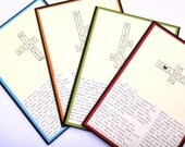 handmade greeting card set, happy birthday I love you and best wishes newspaper crossword bright hand stamped  cards