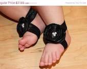 ON SALE Black baby barefoot sandals-satin flower- newborn sandals- shabby chic flower- flower girl-photo prop-newborn shoes