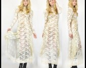 VTG 70s Ivory Sheer Lace Draped Victorian Wedding Boho Maxi Dress Gown
