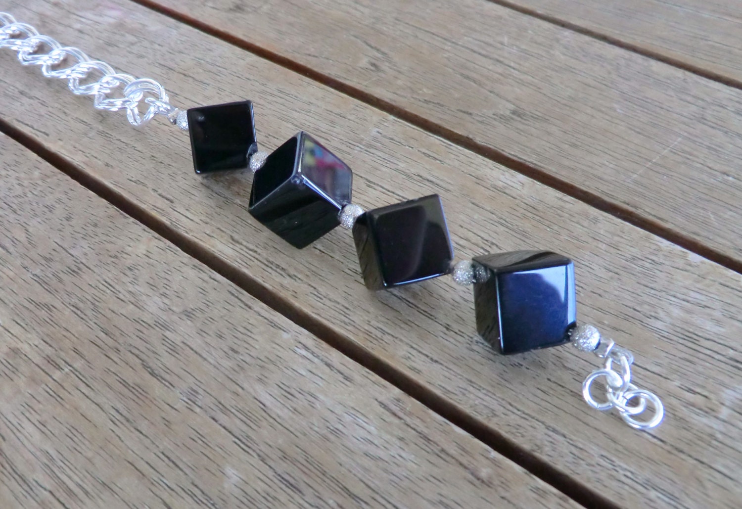 Bracelet with double links chain and black cubic agate beads. Ready to ship. Valentine's Day.