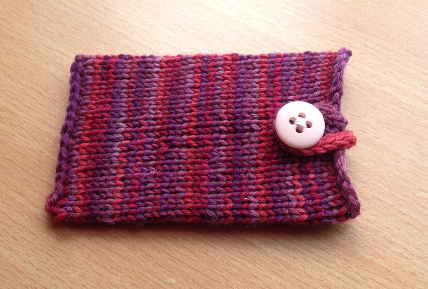 Knit Purple and Pink Gift Card and Business Card Holder, Small Credit Card Wallet with Button closure