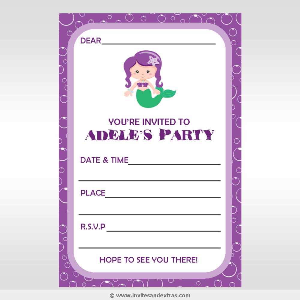 Printed Mermaid Personalised Fill In Invitations One Colour Choice Il_170x135