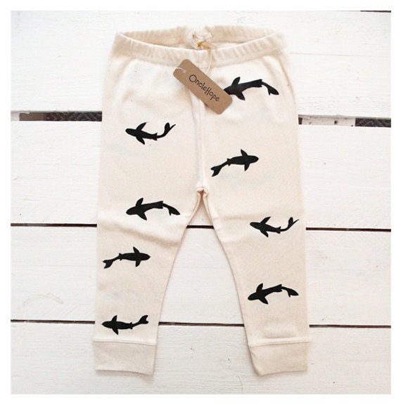 Sharks - handprinted organic baby leggings