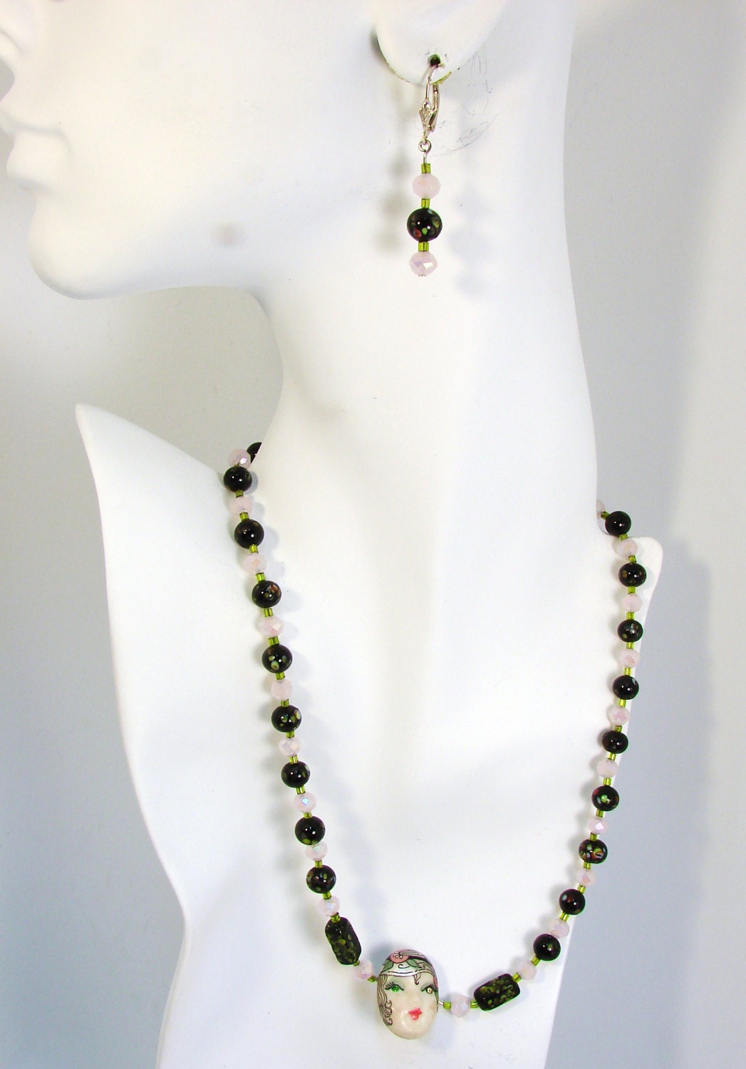 1920s Flapper Girl with black floral and pink beaded vintage necklace and earring set-handmade
