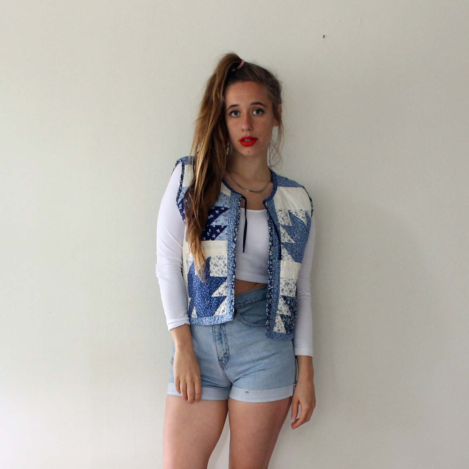 Vintage Blue Quilted Quilt Vest Tank Patchwork