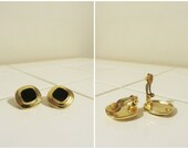 SALE // Retro Square Clip On Earrings // Black and Gold Costume Jewellery