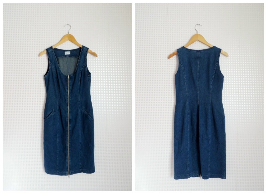 Zipped Denim Pocket Dress // Jean Cotton Mini Dress // UK 10