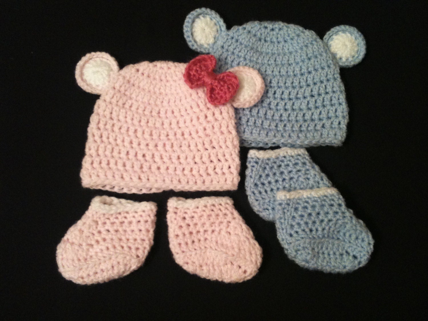 TWINS Light Pink and Light Blue Baby Bears Beanie and Booties Set - Preemie and Newborn - Hand Crochet TWIN Babies