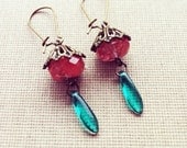 Dangle Earrings Pink Gemstone Green Czech Bead Vintage Style Earrings Long Bohemian Earrings Big Earrings Antique Style