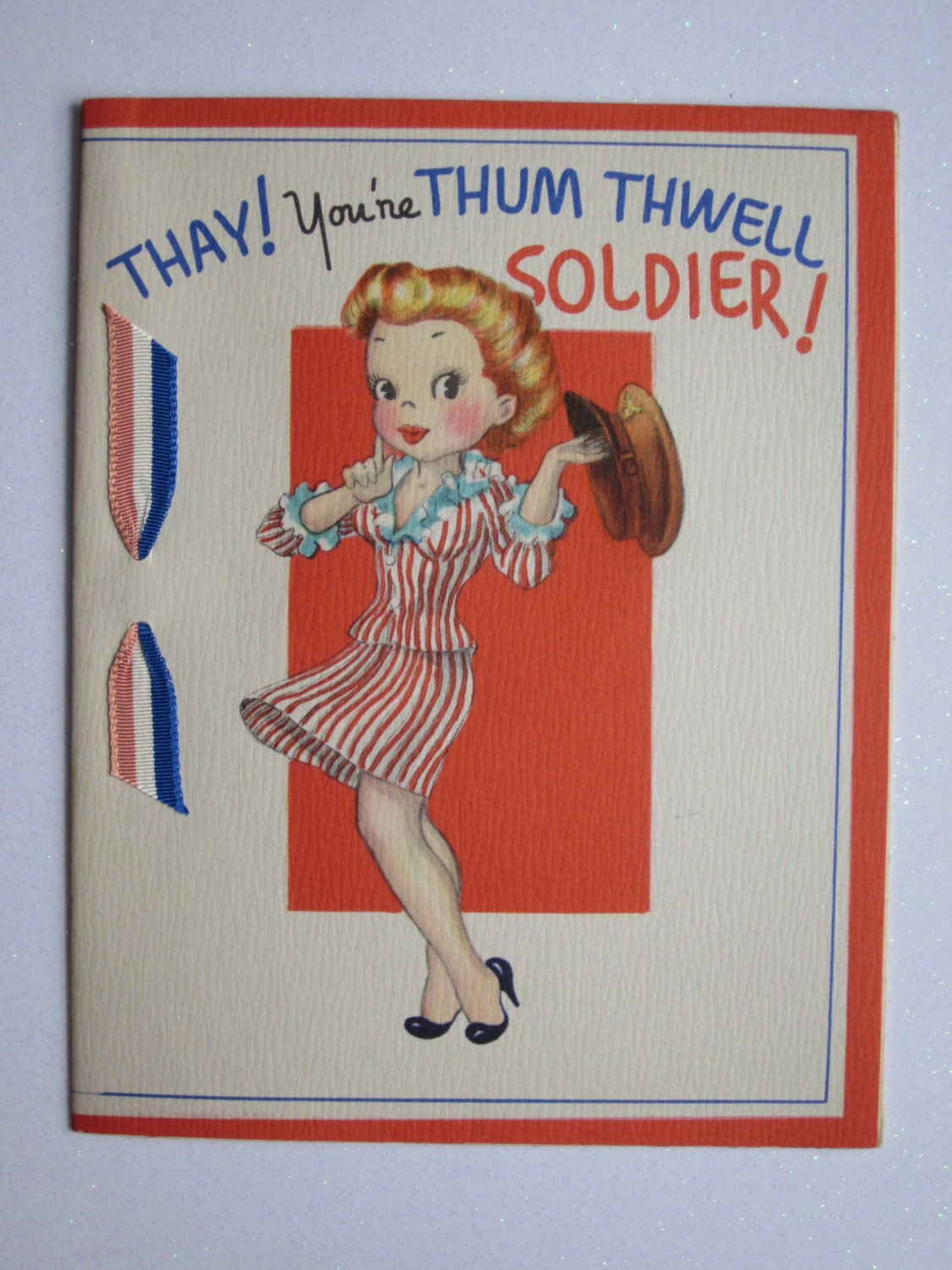 Unused Vintage Soldier Happy Birthday Greeting Card Patriotic Retro Woman with Military Hat and Sweet Message for her Hero Made in USA