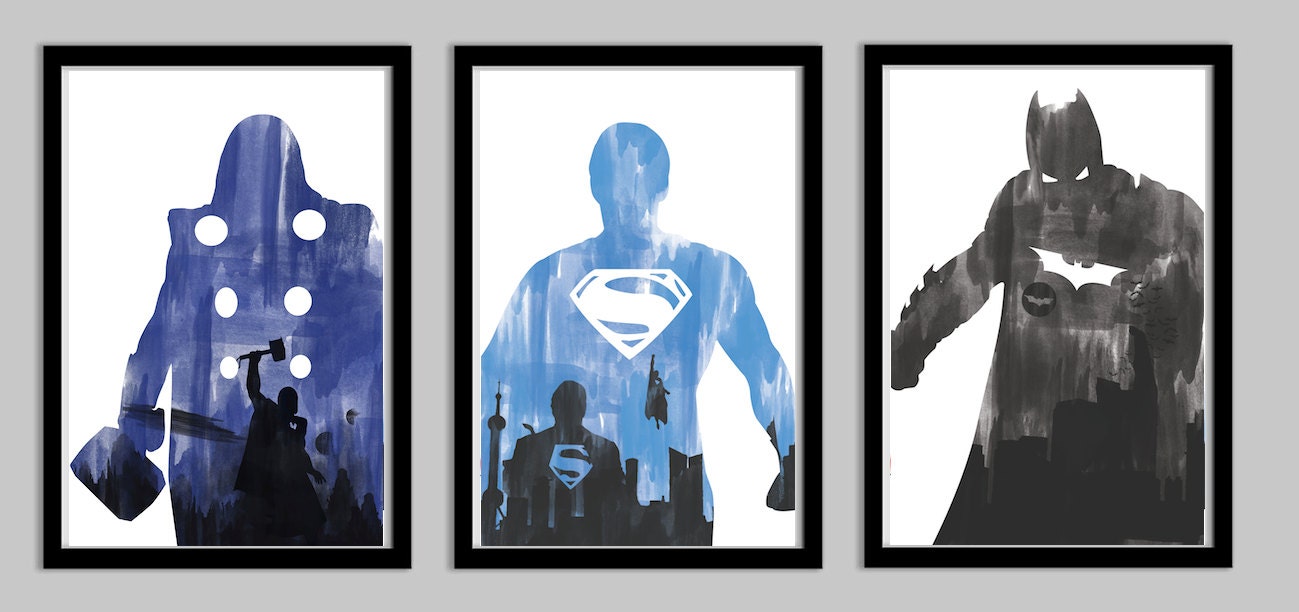 Superhero Poster Set 2 featuring Thor, Superman, and Batman - 24x36