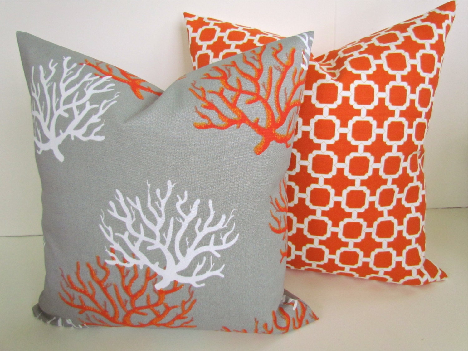 THROW PILLOWS SET Of 2 - 20x20 Grey Orange  Coral Throw Pillow Covers 20 x 20 Gray Decorative Throw pillows Indoor Outdoor