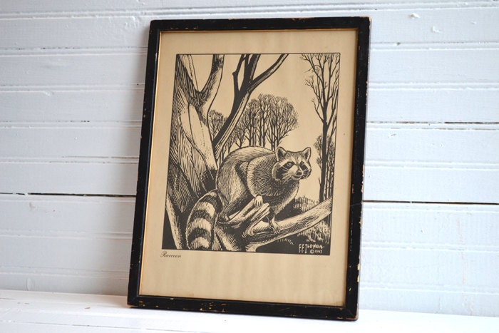 1946 Vintage F.F. Ilenda Raccoon Linoleum Cut Print