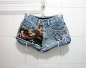 Make To Order - Vintage Hipster High Waist Camo Army Brass Pyramid Studded Cut Off Shorts