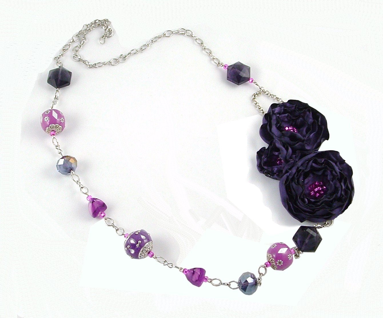 Purple Statement Flower Fabric Necklace, Unique Jewelry