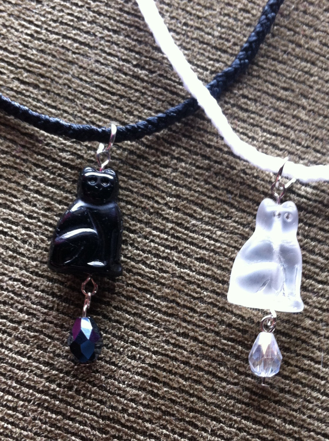 Black or White Cat Braided Necklace with Genuine Crystal