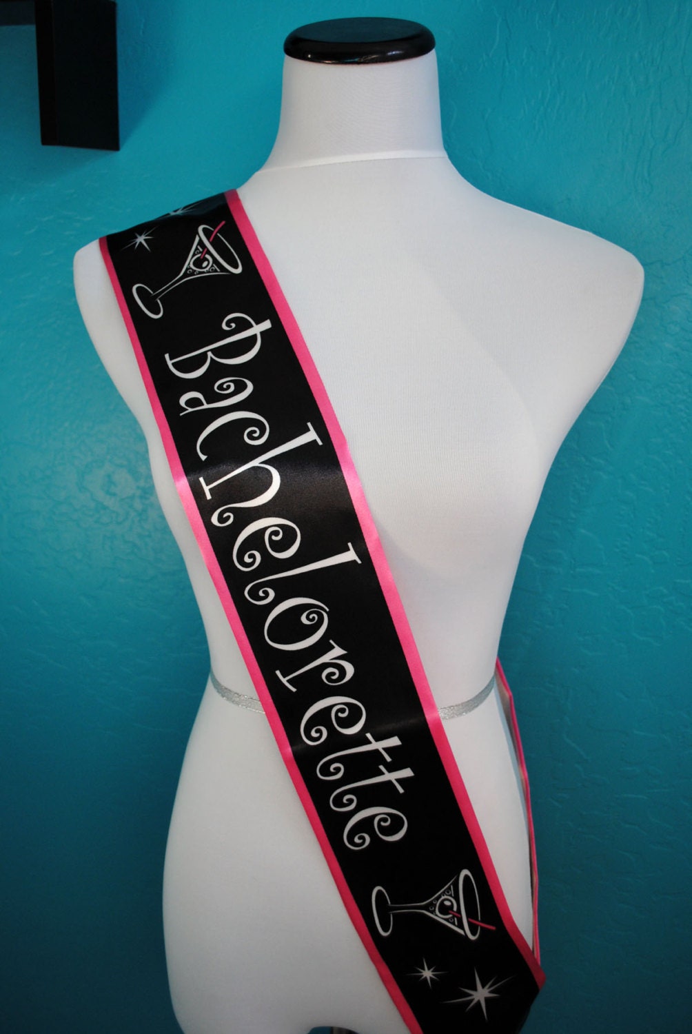 Bachelorette Sash. Satin Sash. Martini Glass Print Sash. Bride Sash. Bride To Be Sash. Bachelorette Party Sash. Rhinestone Ring for Bride