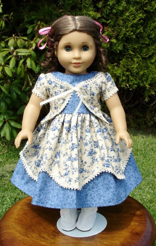 1850s Blue and Ivory Floral Dress fits American Girl Marie Grace, Cecile, Addy and other 18 in. dolls