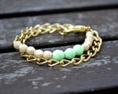 Mint & Champagne Czech Faceted Glass Bead and Gold Chain Wrap Bracelet - Arm Party Stacking Bracelet