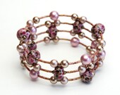 Cherry Blossom Memory Wire Bracelet - Size Large - Artisan Lampwork Bead and Swarovski Pearl Bracelet - Plus Size - Handmade Jewelry