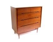 Vintage Highboy Dresser Tallboy Chest of Drawers Bedroom Storage Walnut Wood Gold Starburst Mid Century Modern Atomic Furniture