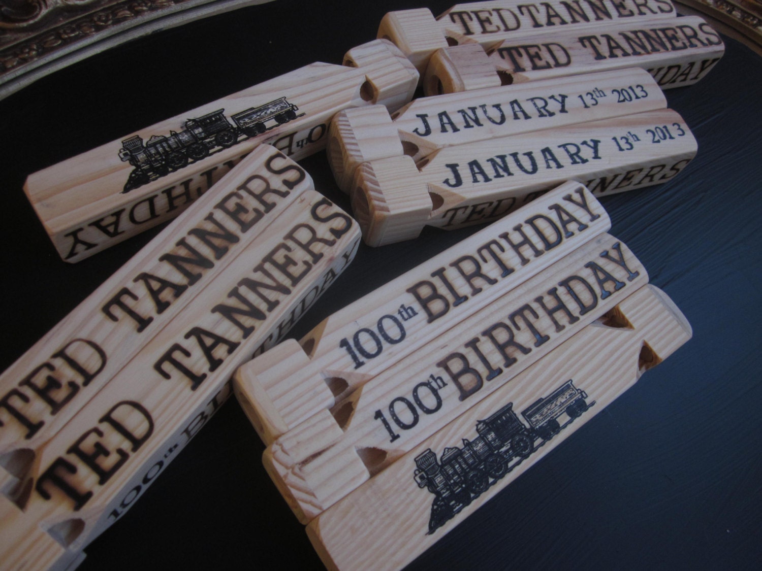 Party favors Set of 25 Wood burned Personalized Train Whistle wooden toy wedding favor custom you choose name