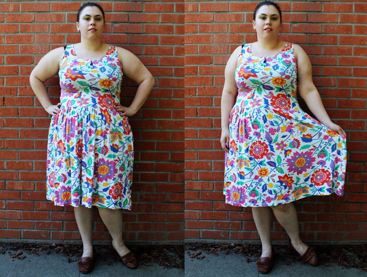 Plus Size - Vintage Floral Jersey Tank Dress (Size 12/14)