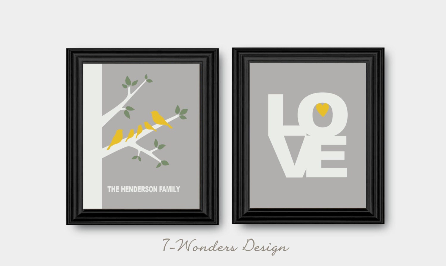 Modern Family Tree Love Birds and Personalized Name Wall Art Prints - Set of (2) 8" x 10"  Grey // Mustard Choose Your Colors Gift Guide