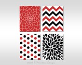Botanical Floral, Chevrons, Dots and Burst Modern Abstract Art Print Set of (4) 8" x 10" // Black, Red, Orange, Blue, Kiwi, Gray, Navy, Lime