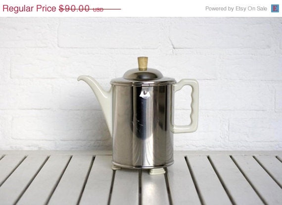 ON SALE Vintage German Ceramic Coffee Pot with outer Stainless Steel Thermos Cover and Bakelite Feet