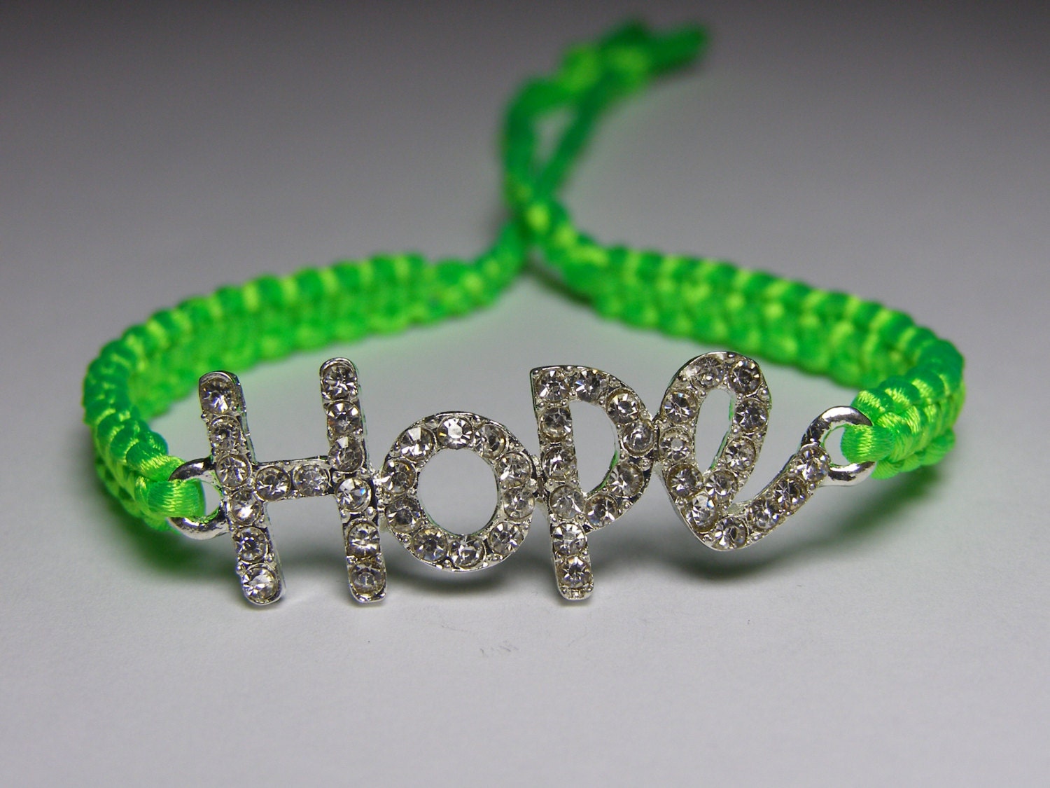 Hope bracelet with rhinestones neon green  macrame cord