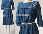 Vintage 80s Blue White swiss dot Rectangular collar dress - XL/1XL