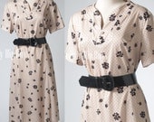 Vintage 70s Light brown Black swiss dot Summer Day Dress - 1XL/2XL