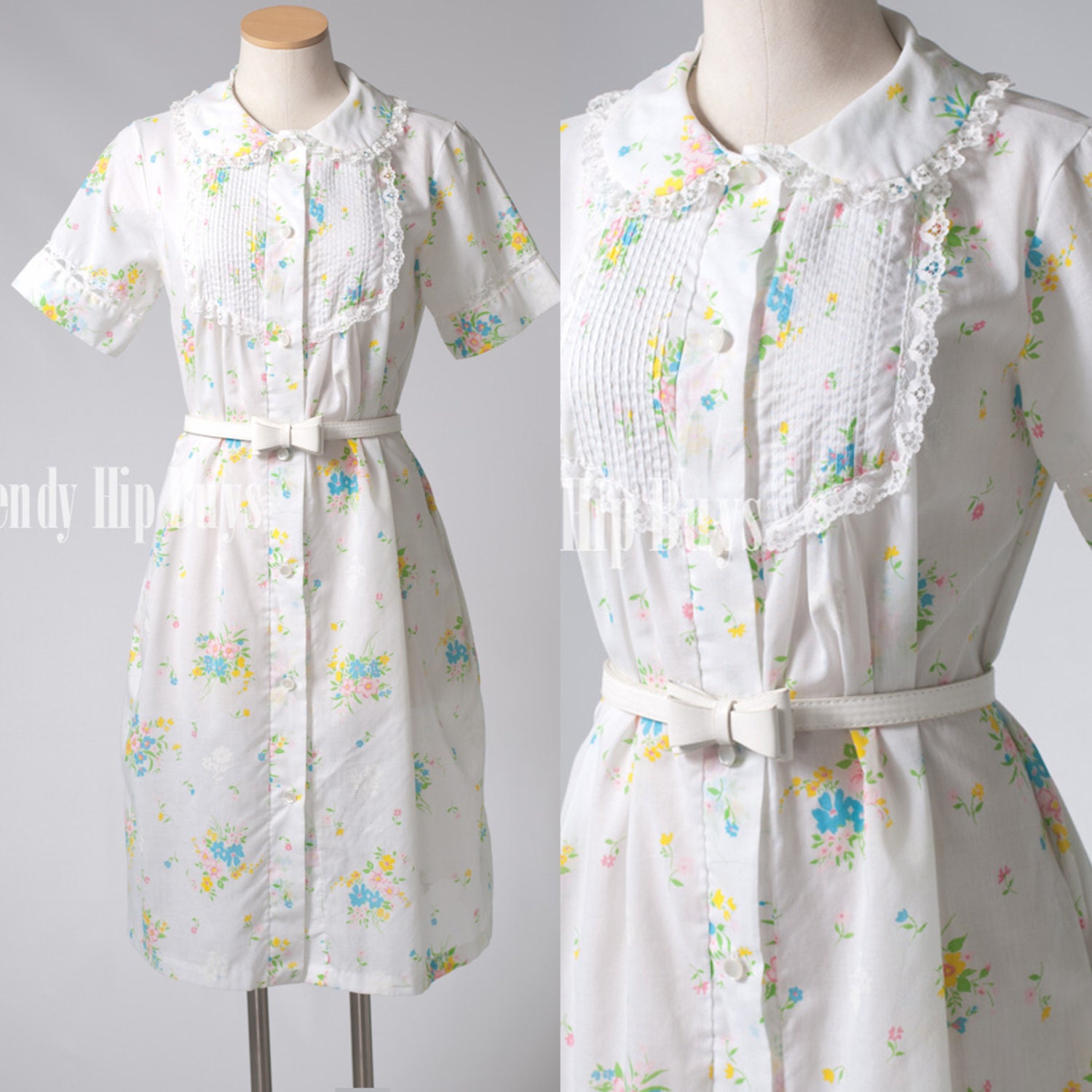 Vintage 50s 60s Mad Men White Multi-color Floral Pan collar dress - M/L