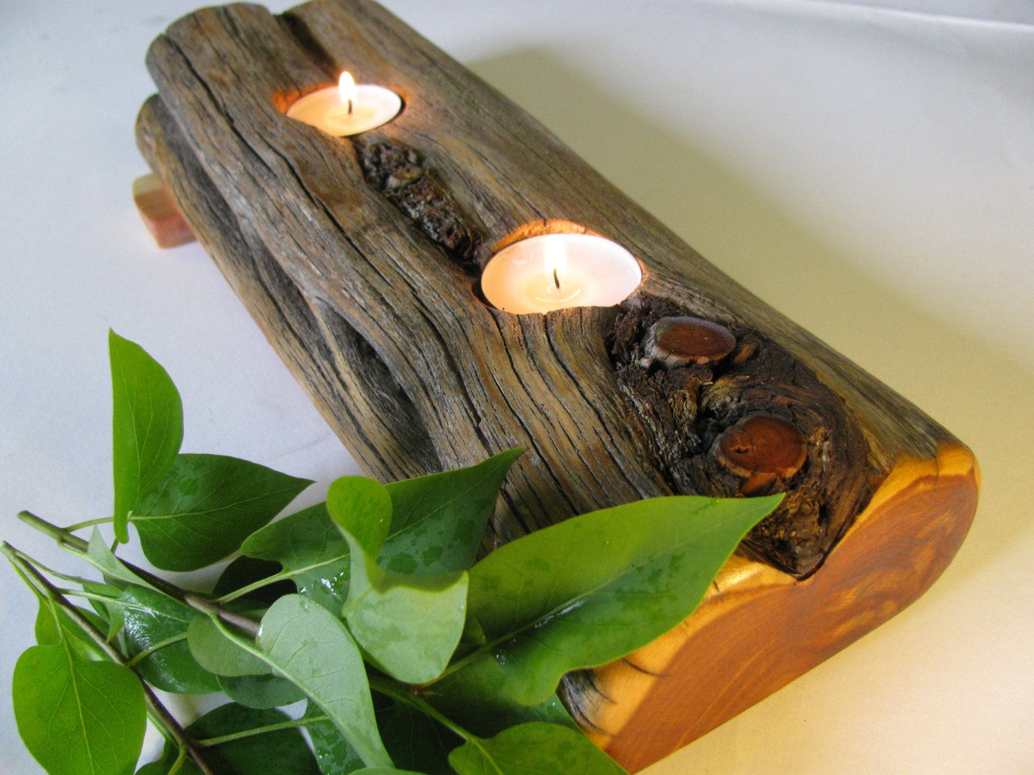 Split log candle holder. Rustic juniper wood tea light candle holder.