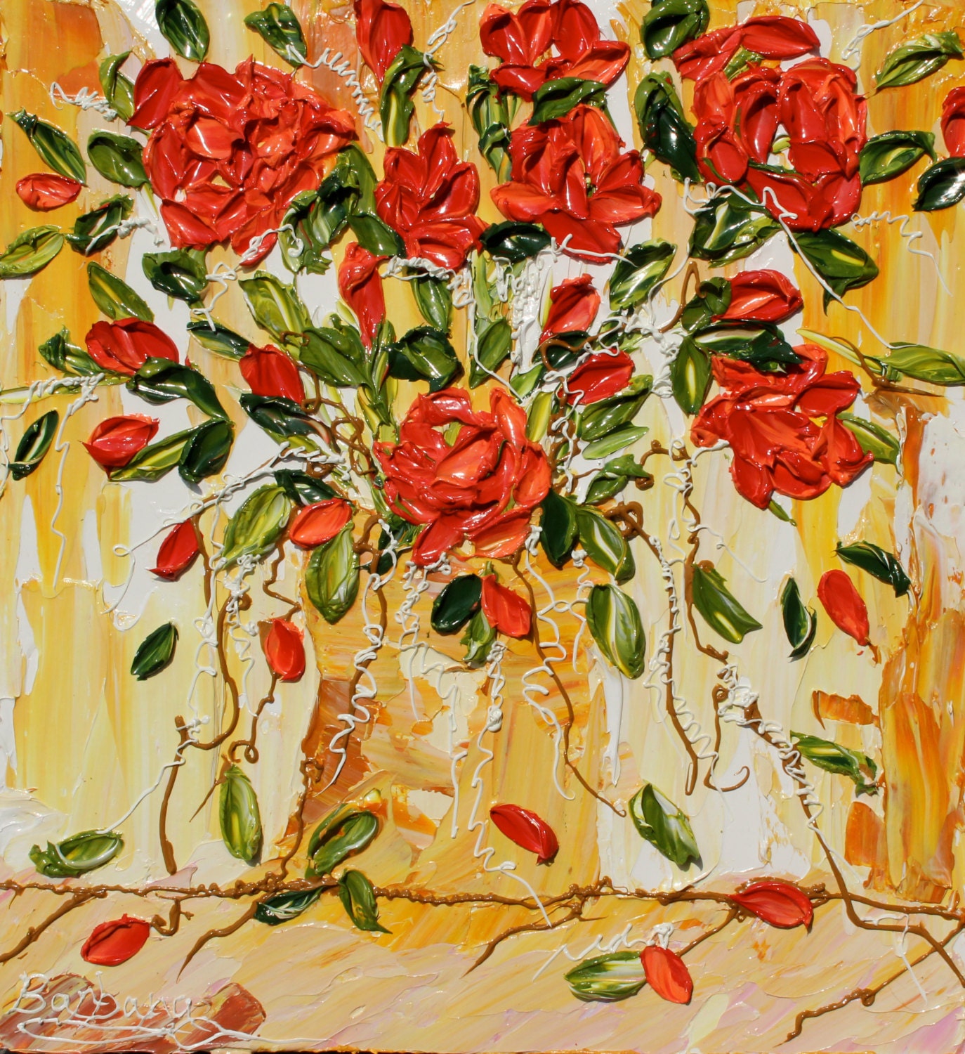 Rambling Rose - Floral Impasto Painting of Red Roses in a Colorful Vase