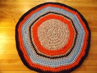Crochet Rag Rug, Recycled Material, Orange, Blues, Cotton, Child's Room, Kitchen, Throw Rug, Bath Mat, Welcome Mat