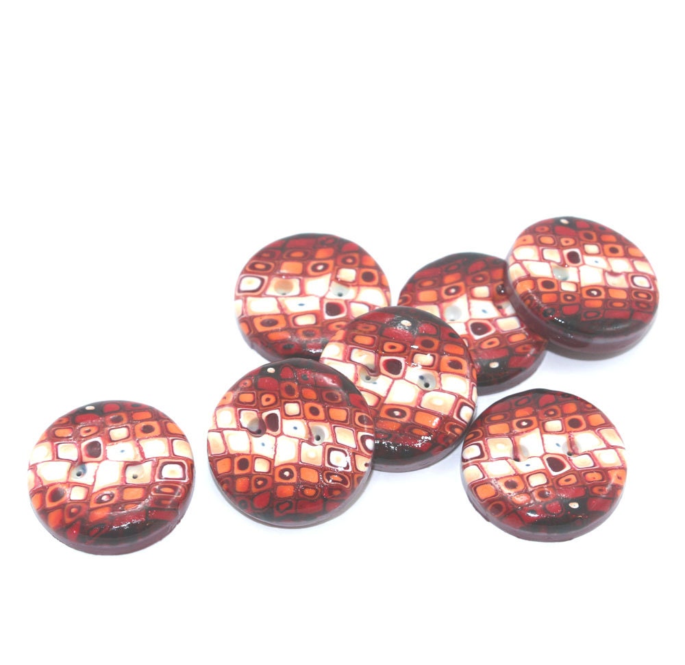 Elegant buttons in Retro pattern, Polymer clay buttons in maroon, red, orange and white, set of 7 medium buttons