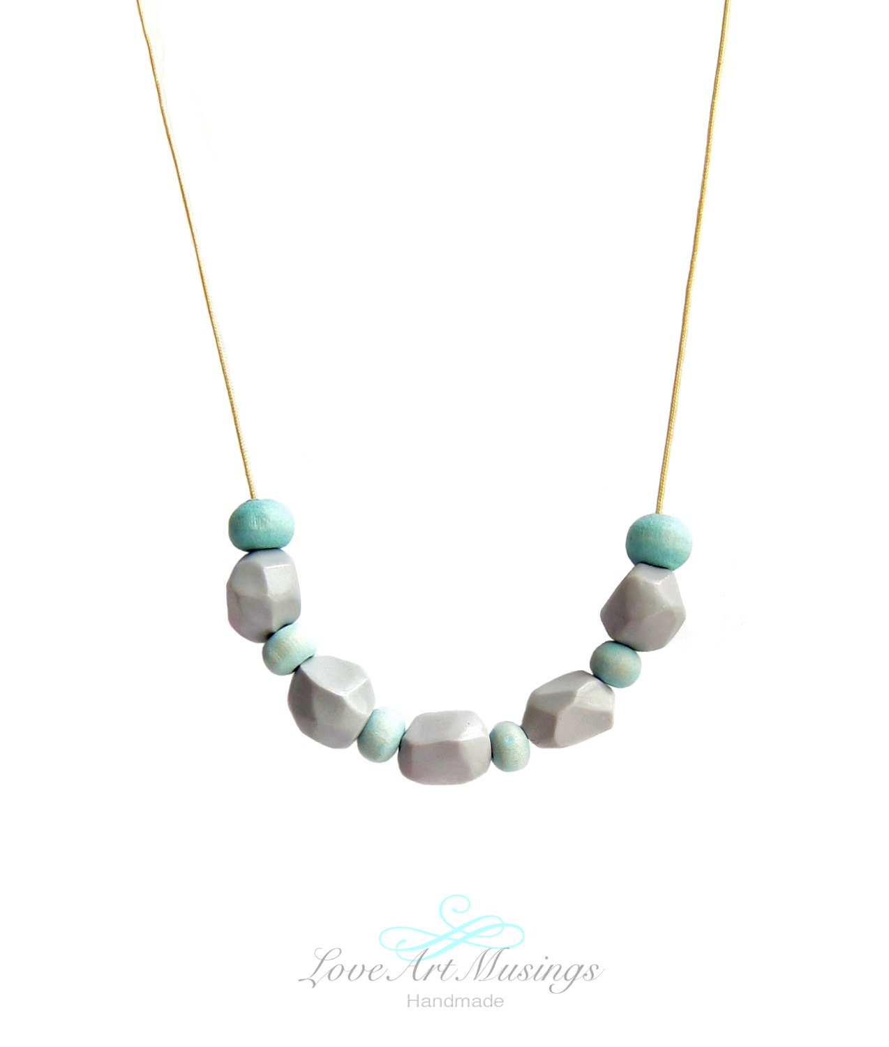 Clay and Wood Geo Necklace - Geometric Clay Necklace, Faceted Beads Necklace, Mint Blue and Light Grey Pastel Beaded Necklace
